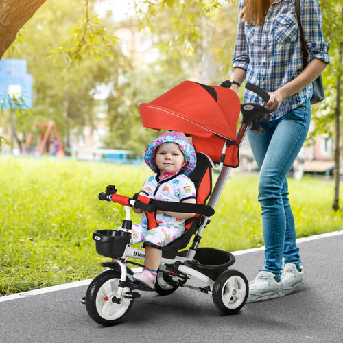 6 in 1 Toddler Tricycle with Parent Push Handle, Canopy, Storage Baskets, Cupholder, Red