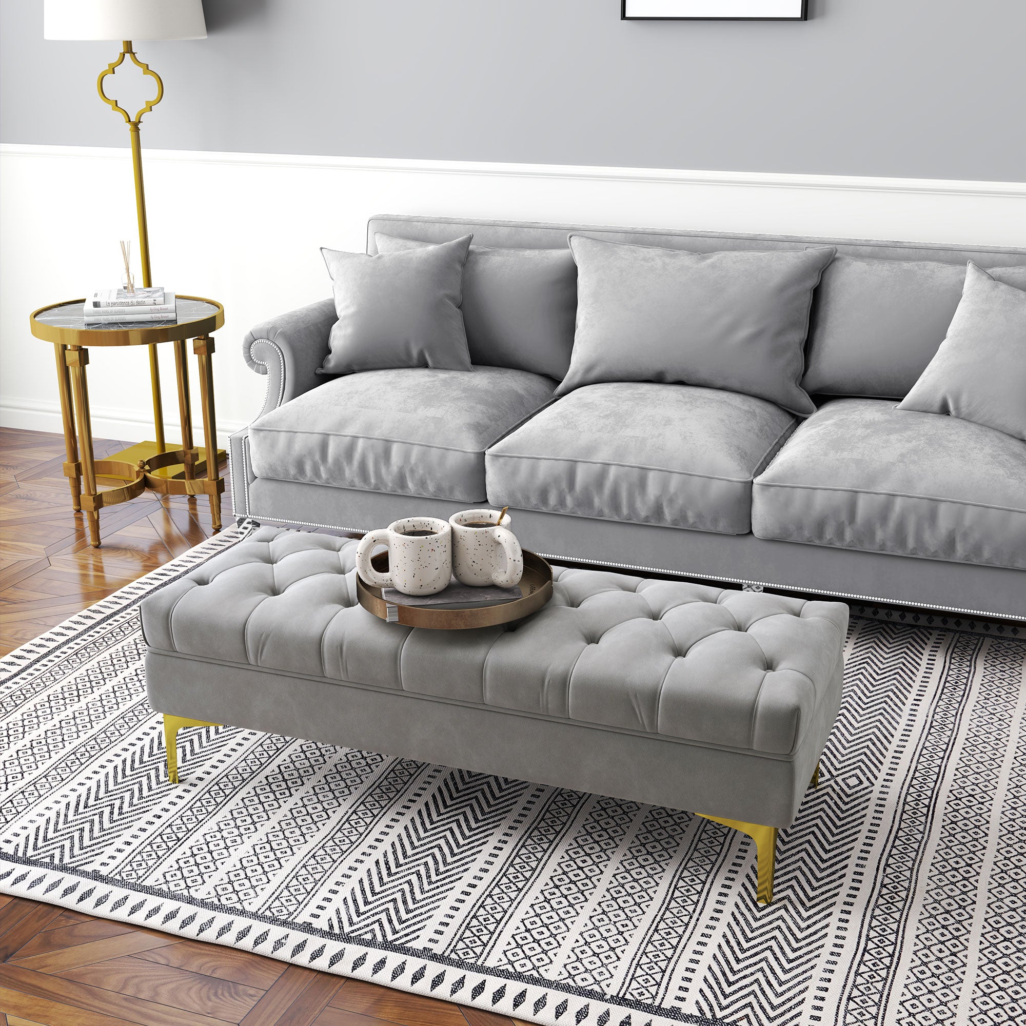 End of Bed Bench, Upholstered Bench, Entryway Shoe Bench with Button Tufted for Living Room, Bedroom, Grey Storage Ottomans & Benches at Gallery Canada