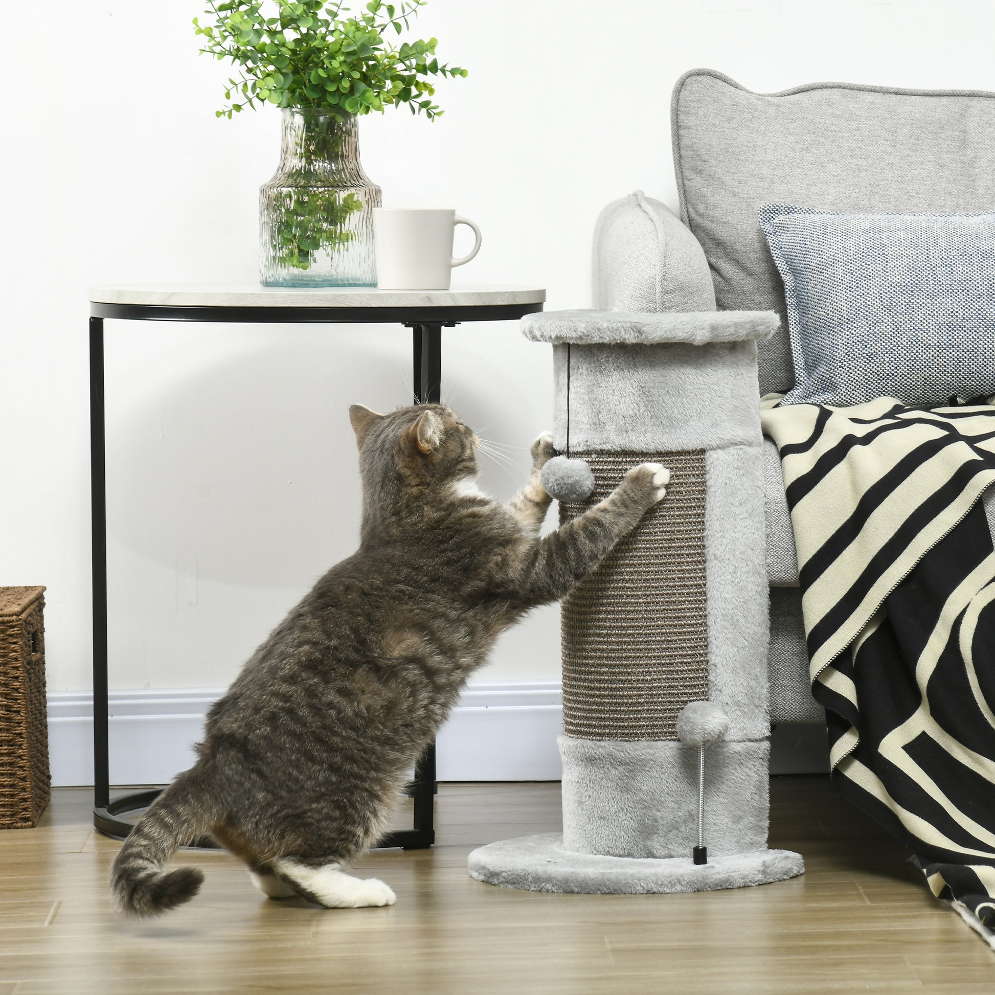 23" Cat Scratching Post with Covered Plush, Play Balls, for Indoor Cats, Grey Cat Posts Grey  at Gallery Canada