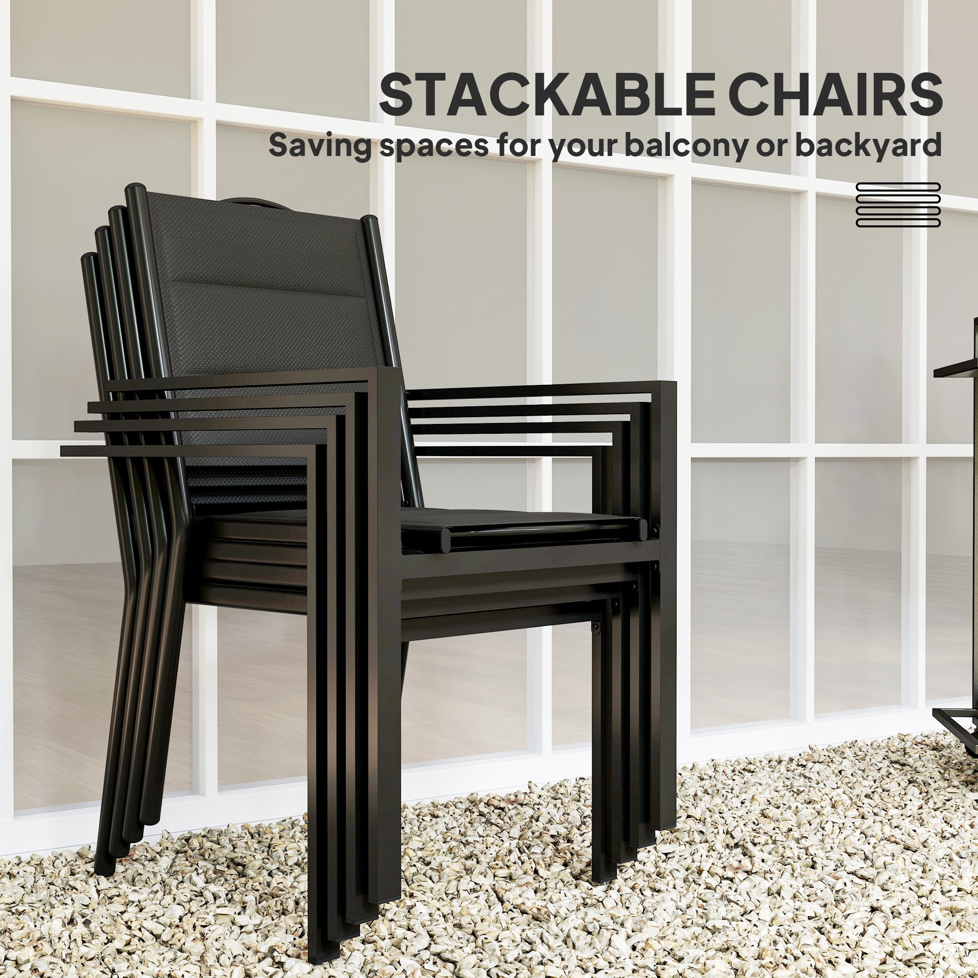 5 Piece Outdoor Dining Set w/ 4 Stackable Chairs, Rectangle Table, Tempered Glass Top, Steel Frame, Black Outdoor Dining Sets at Gallery Canada