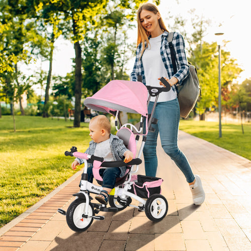 6 in 1 Toddler Tricycle Stroller with Basket, Canopy, 5-point Safety Harness, for 12-60 Months, Pink