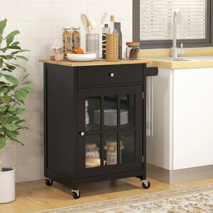 Rolling Kitchen Cart with Drawer and Glass Door Cabinet, Kitchen Island on Wheels with Towel Rack, Black Kitchen Islands & Kitchen Carts   at Gallery Canada