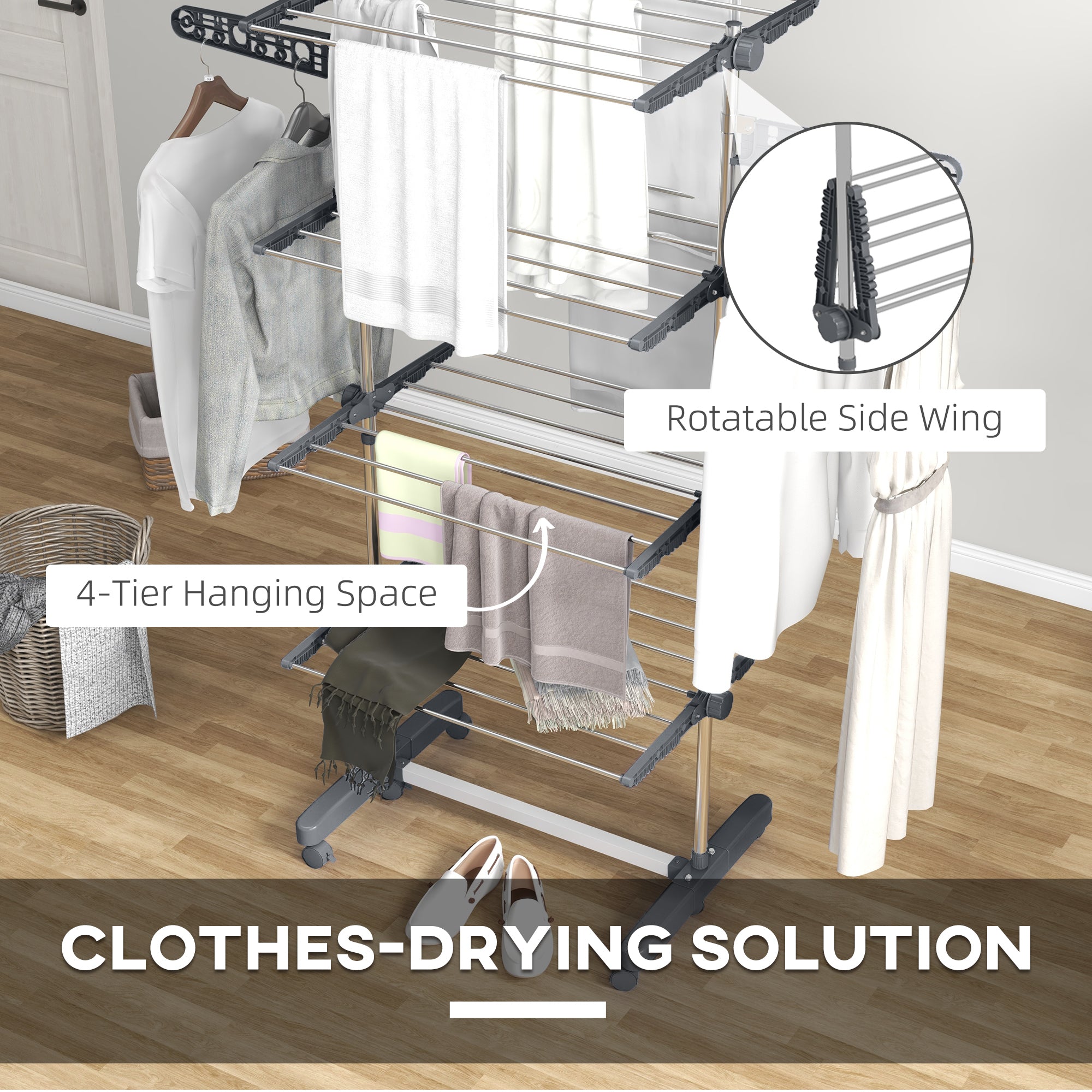 Garment Drying Rack Stainless Steel Folding Clothes Hanging Rack with Side Wings Castors for Indoor Outdoor Grey Bath Accessories at Gallery Canada