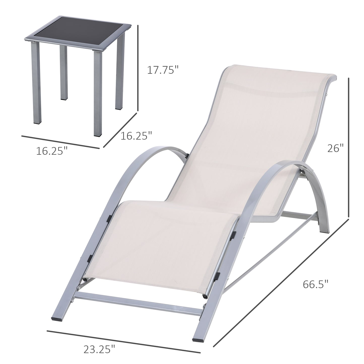 3 Pieces Patio Pool Lounge Chairs Set, Outdoor Chaise lounge with 2 S-Shaped Sunbathing Chairs and a Glass Top Table, for Yard Garden, Cream White Lounger Chairs   at Gallery Canada