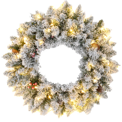 24" Christmas Front Door Wreath with Lights Flocked Christmas Wreath with Pine Cones and Red Berries for Windows Green Christmas Wreaths   at Gallery Canada