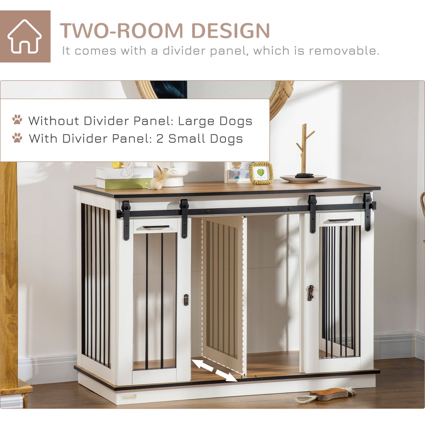 Wooden Dog Crate Furniture with Divider, TV Stand, 2 Rooms, Sliding Doors, White Houses, Kennels & Pens   at Gallery Canada