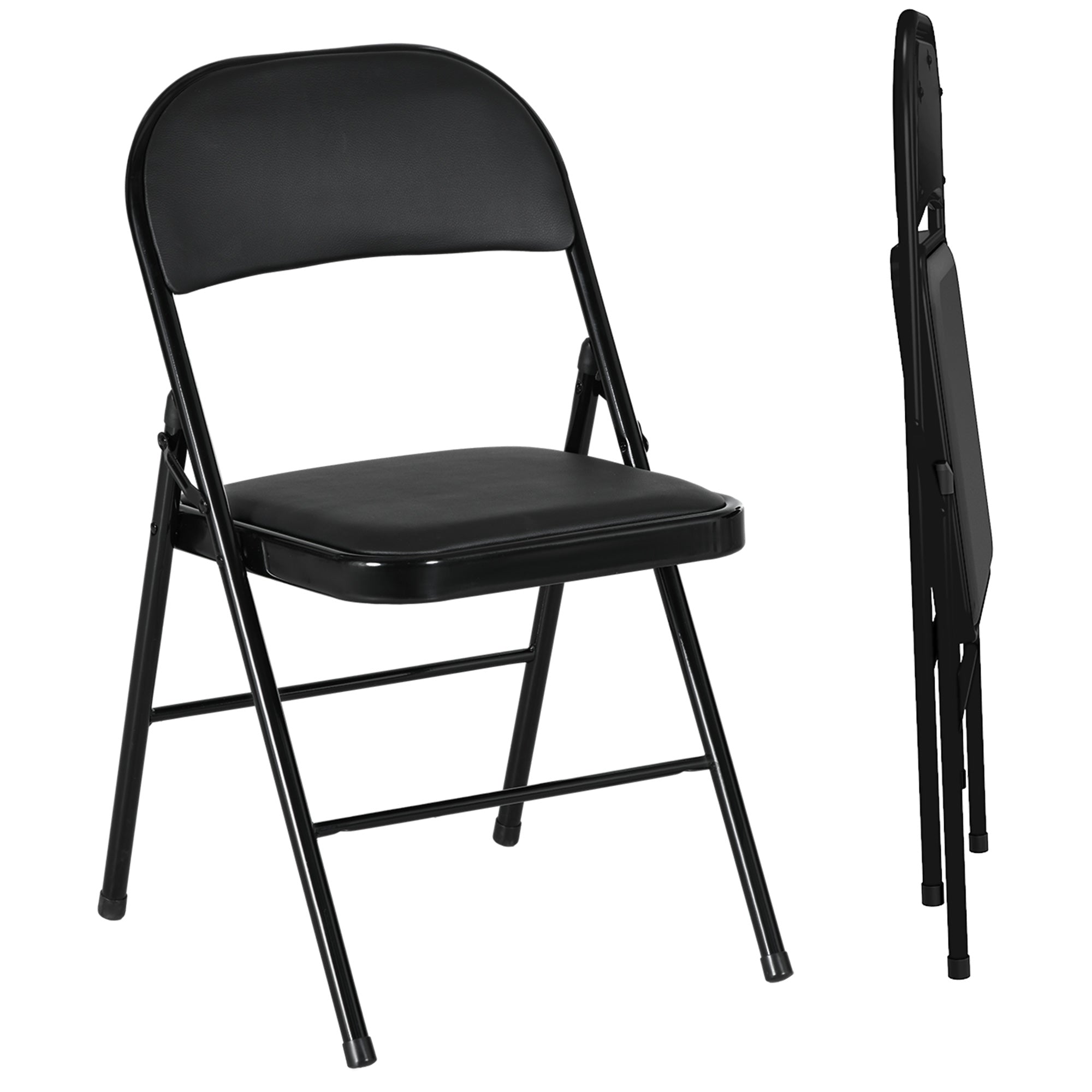 Set of 2 Metal Foldable Chairs, PU Leather Padded Folding Chairs with Cushion Seat and Open Back for Indoor, Black Bar Stools   at Gallery Canada