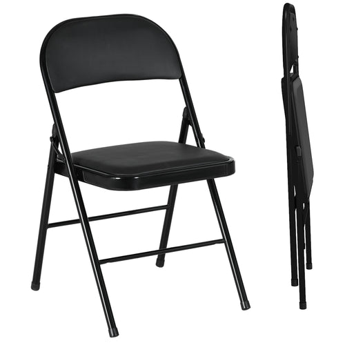 Set of 2 Metal Foldable Chairs, PU Leather Padded Folding Chairs with Cushion Seat and Open Back for Indoor, Black