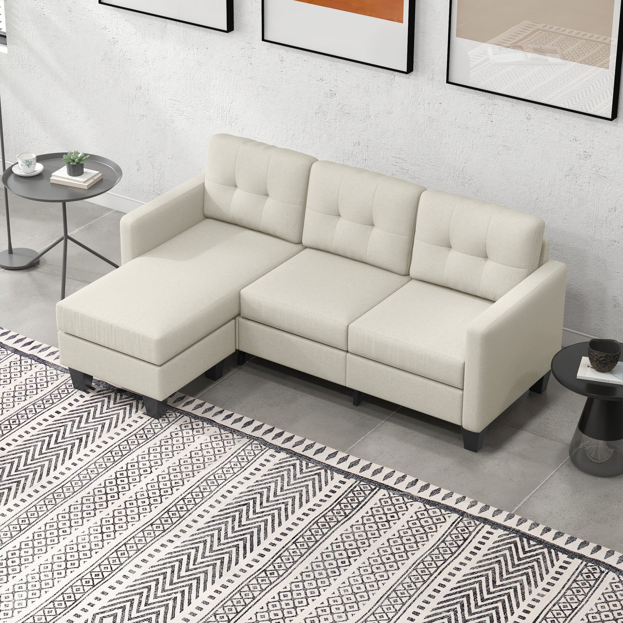 L-shaped Sofa, 3 Seater Sectional Couch with Ottoman, Corner Sofa with Thick Padded Cushion and Wood Legs, Beige 3-Seater Sofas   at Gallery Canada