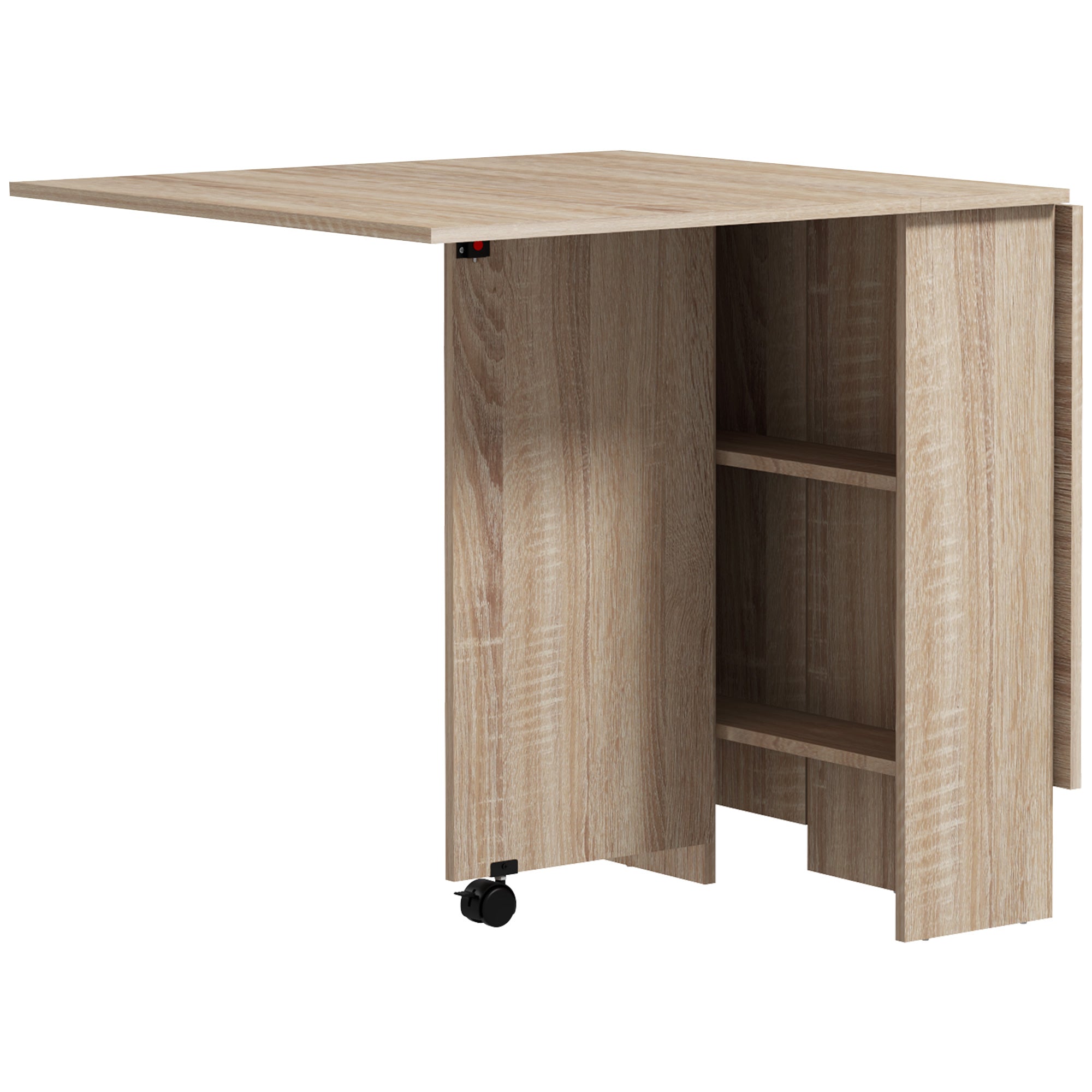 Extendable Dining Table, Collapsible Folding Table w/ 2-tier Shelves and Rolling Casters, Nature Wood Dining Tables   at Gallery Canada