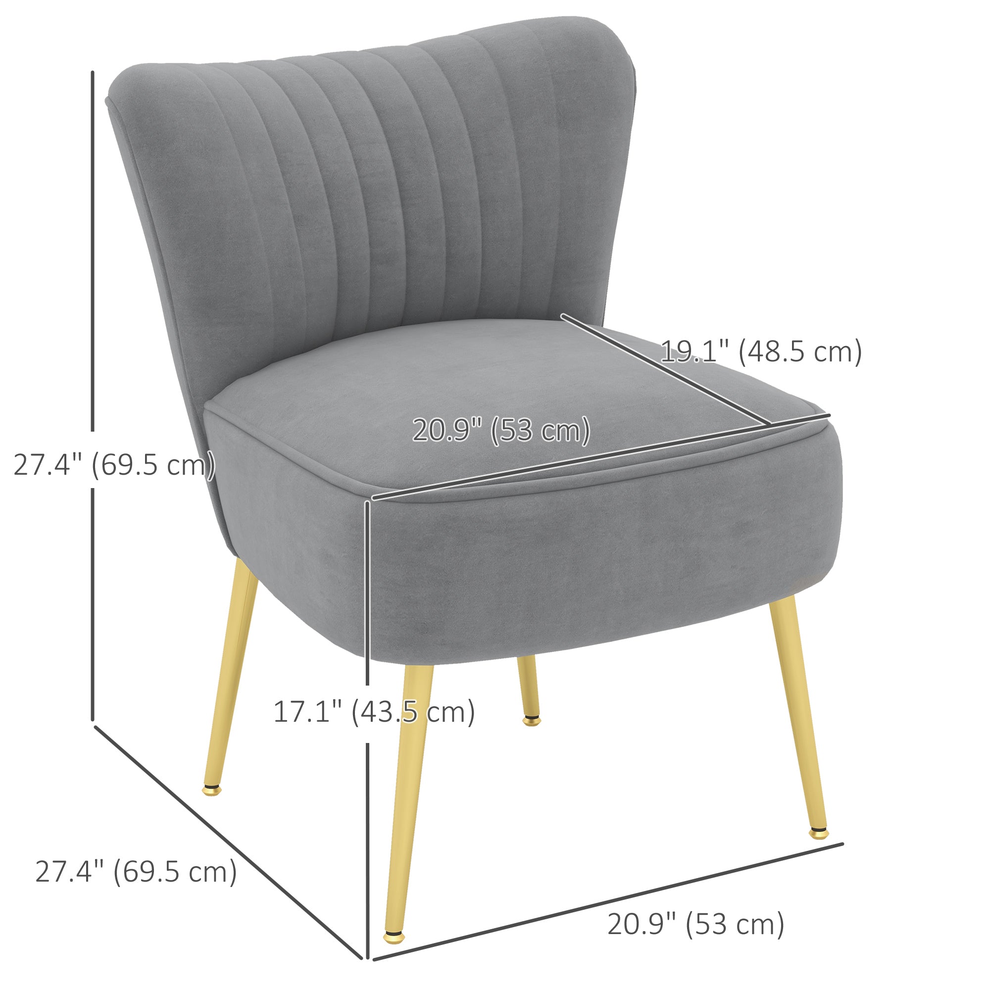 Velvet Lounge Chair, Modern Accent Chair for Living Room with Gold Steel Legs and Tufting Backrest, Grey Accent Chairs   at Gallery Canada