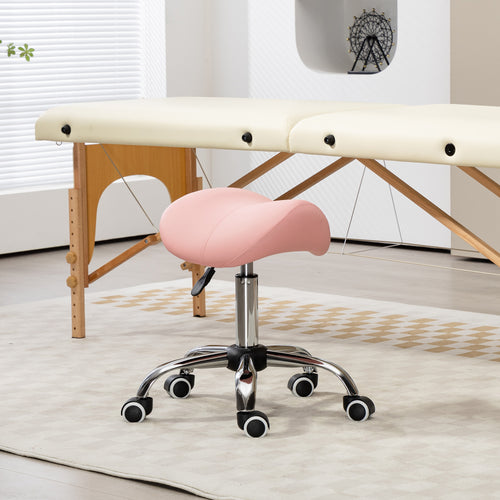 Cosmetic Stool 360° Rotate Height Adjustable Salon Massage Spa Chair Hydraulic Rolling Faux Leather Saddle Stool, Pink