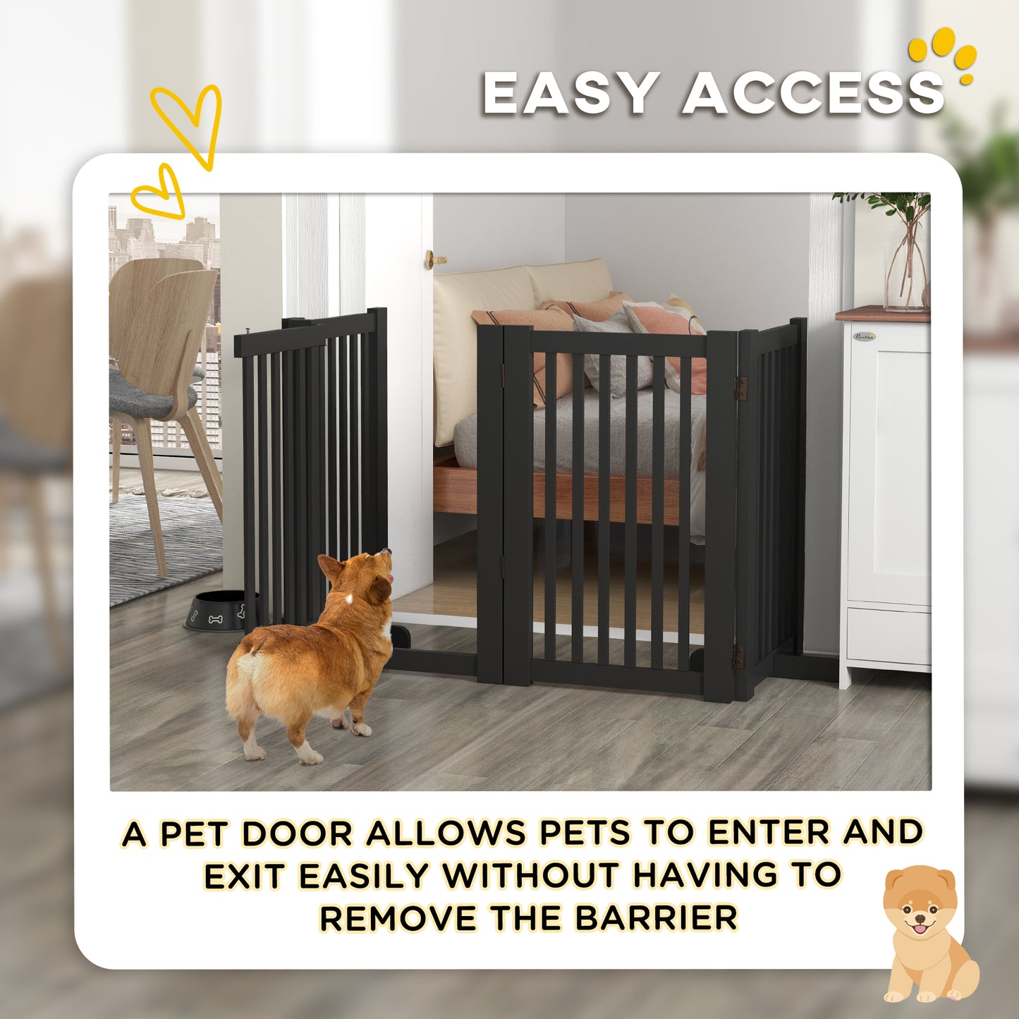 4 Panel Free Standing Wooden Pet Gate with Open Door Black Houses, Kennels & Pens   at Gallery Canada