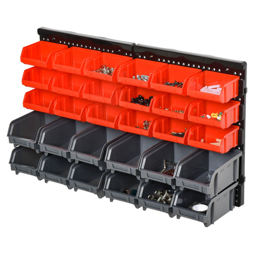 Wall Mounted Storage Bin Rack Tool Organizer with 30 Bins, Pegboard for Garage Workshops Red