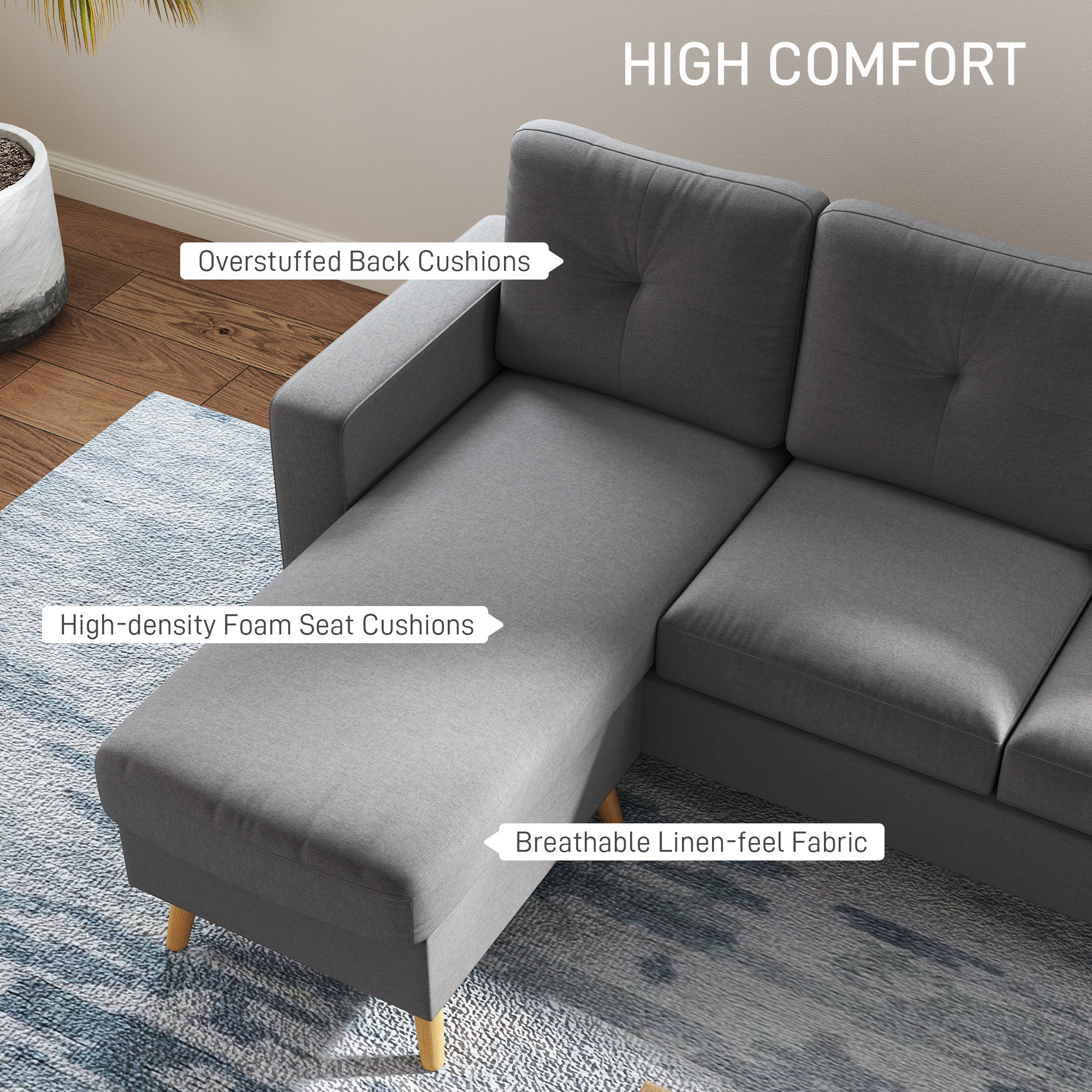 Sectional Sofa Couch, L Shaped Couch with Reversible Chaise, Wooden Legs for Living Room, Bedroom, Dark Grey 3-Seater Sofas at Gallery Canada