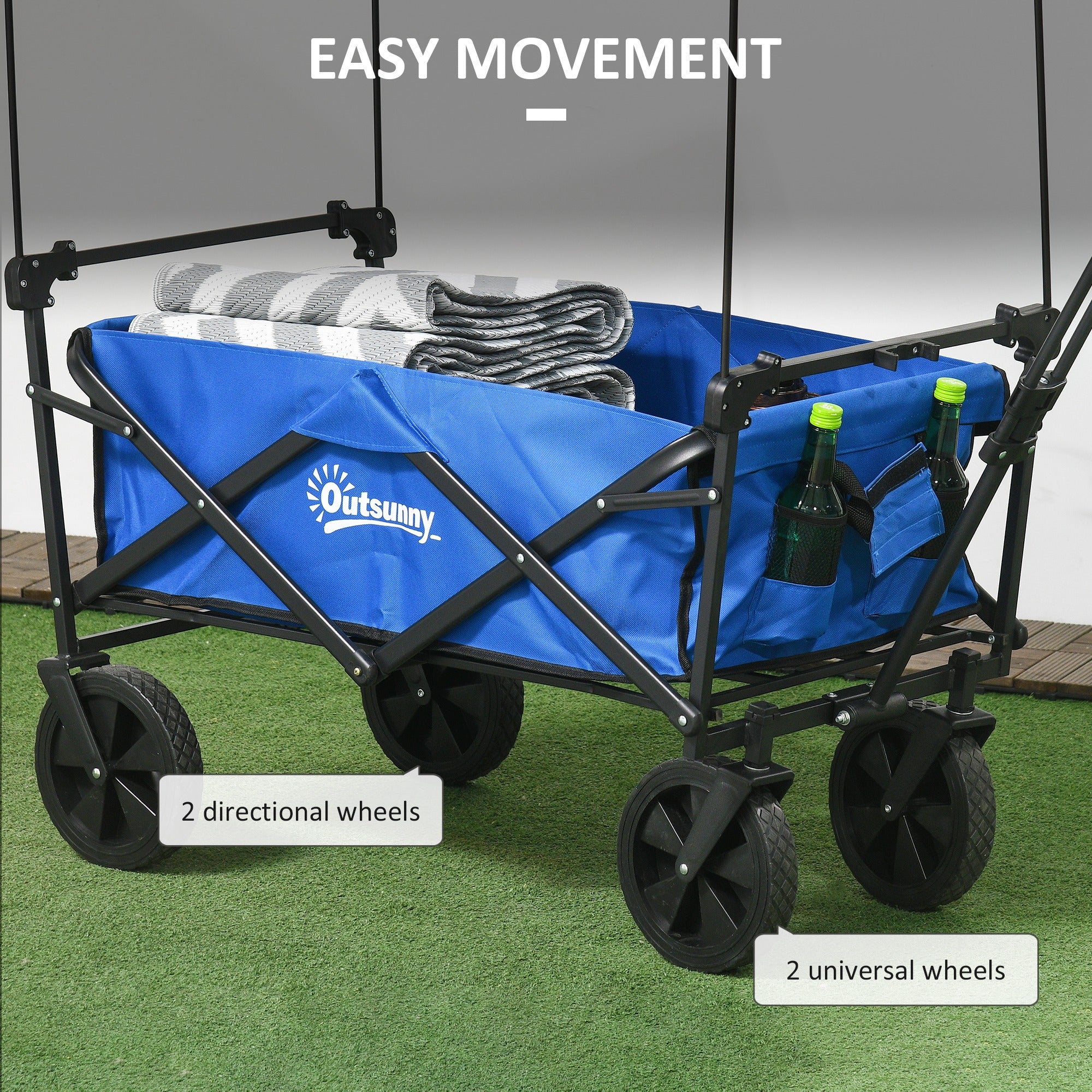 Steel Frame Folding Garden Cart, Collapsible Wagon Cart with Removable Canopy, Telescopic Handle and Carrying Bag, Dark Blue Folding Garden Carts at Gallery Canada