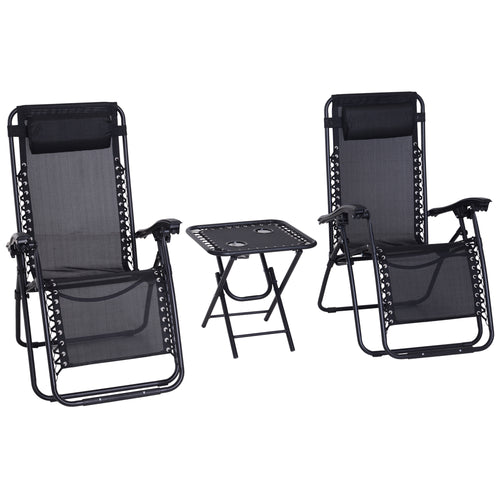 Zero Gravity Lounger Chair Set with Side Table, Patio Chaise Lounge, Cup Holders &; Adjustable Headrest, Black