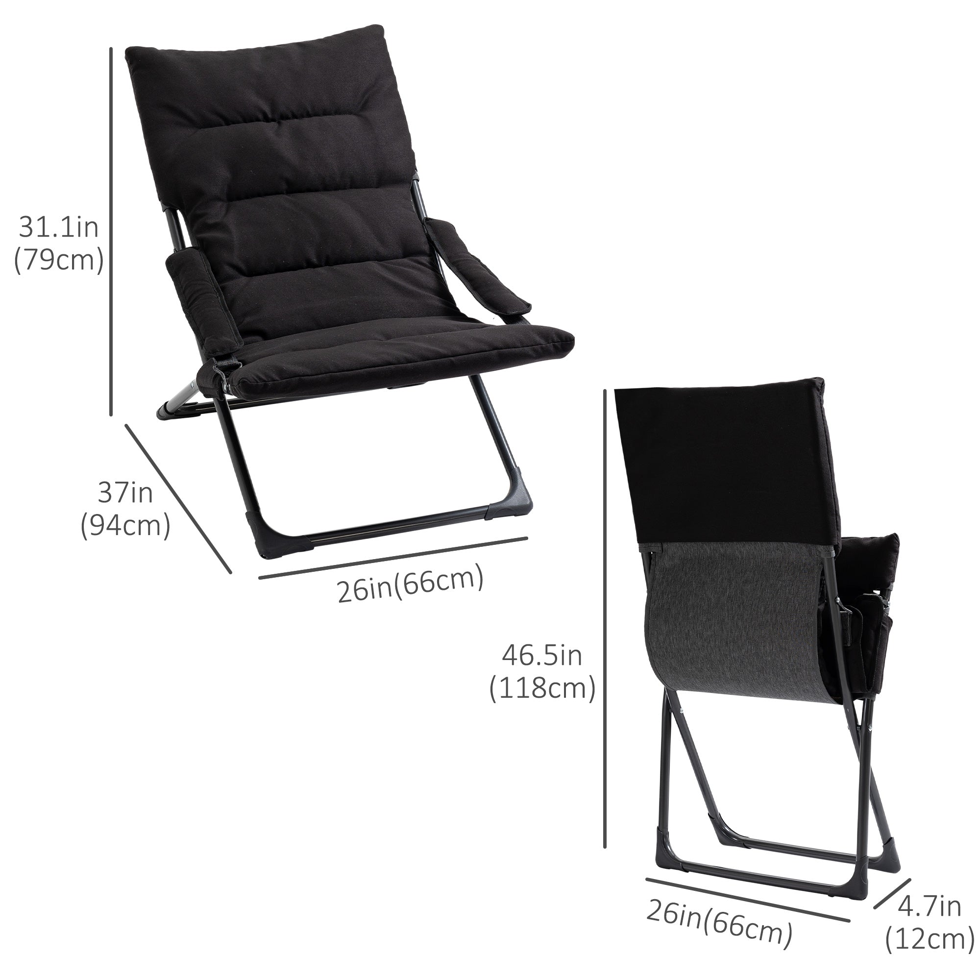 Folding Lounge Chair, Mesh Fabric Lounger with Thick Padded Cushion and Armrest, Camping Beach Chair for Poolside, Deck, Backyard, Black Patio Chairs at Gallery Canada