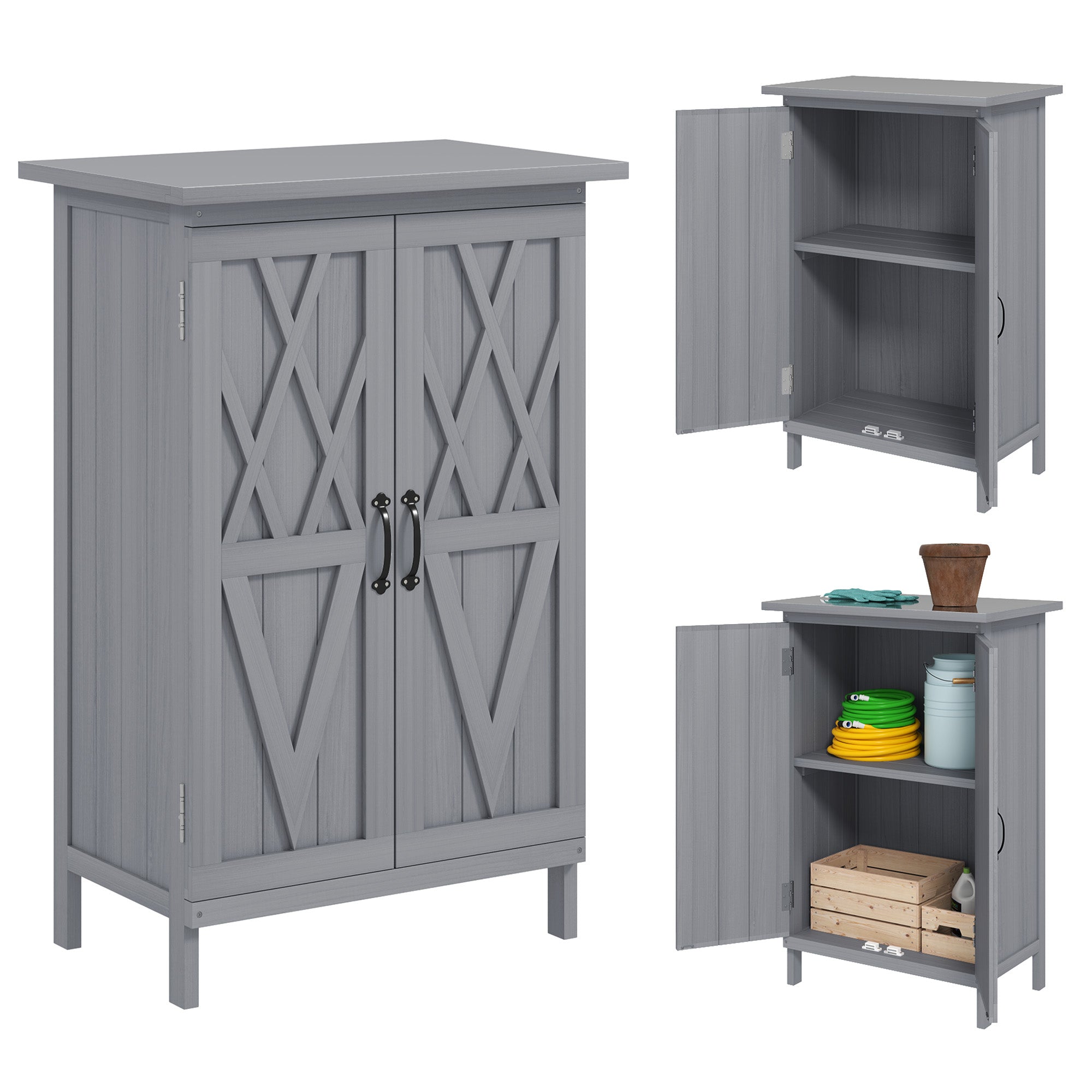 Outdoor Storage Cabinet, Wooden Garden Storage Shed with 2-Tier Shelves, Metal Tabletop and Magnetic Doors, Grey Sheds at Gallery Canada