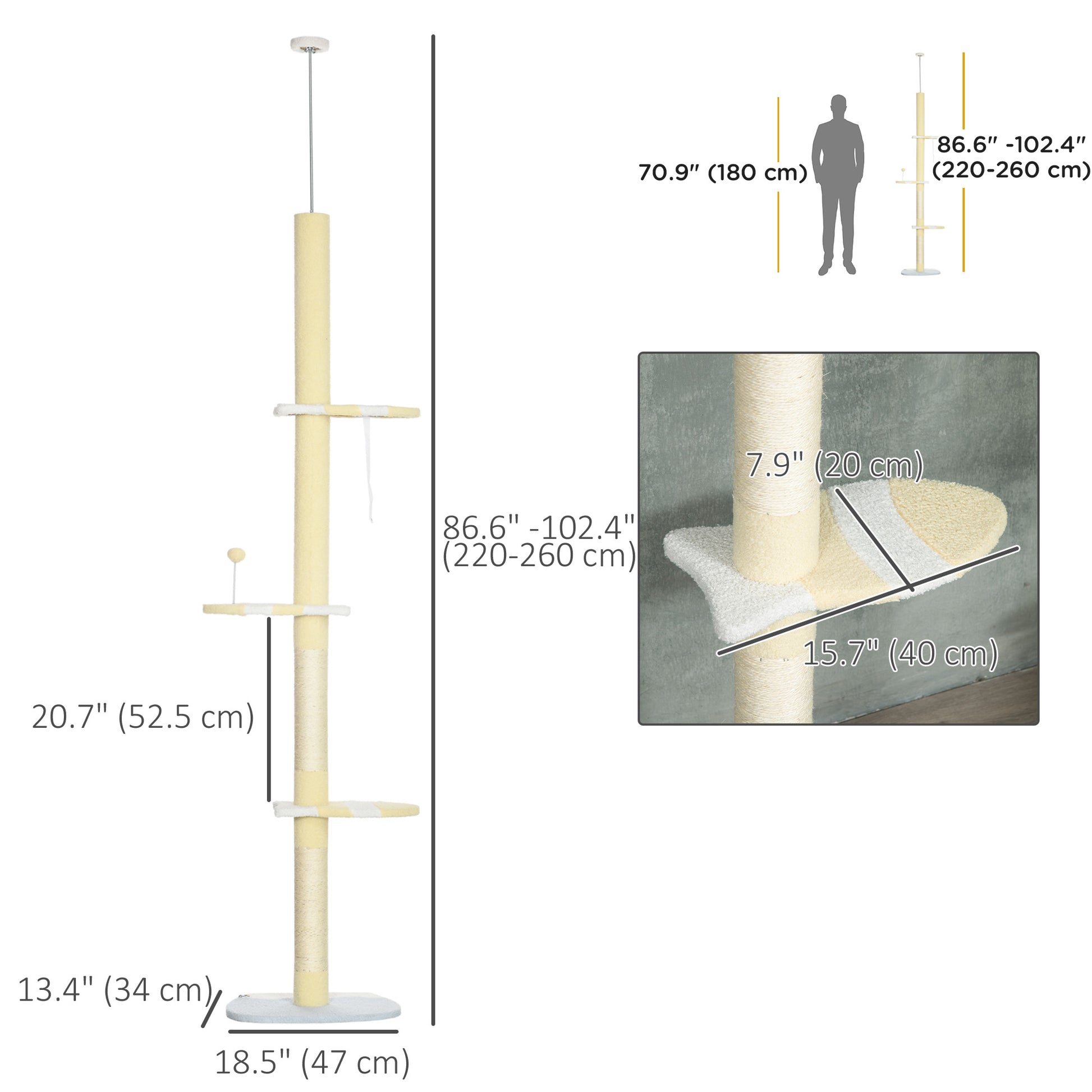 87"-102" Floor to Ceiling Cat Tree w/ Sisal Scratching Posts, Anti-tip Kit, Perches, Toy Ball, Yellow Floor to Ceiling Cat Trees   at Gallery Canada