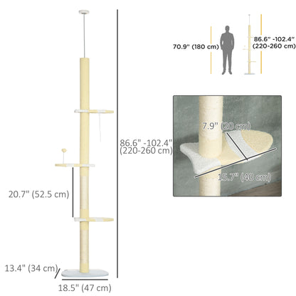 87"-102" Floor to Ceiling Cat Tree w/ Sisal Scratching Posts, Anti-tip Kit, Perches, Toy Ball, Yellow Floor to Ceiling Cat Trees   at Gallery Canada