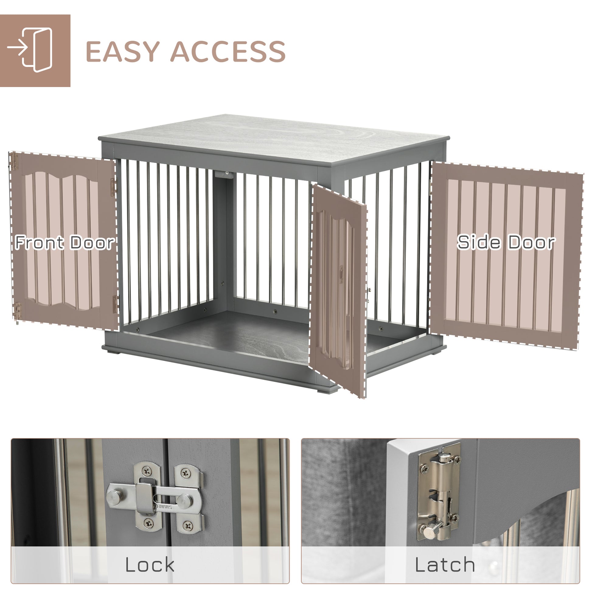 Dog Crate Furniture, Dog Kennel with Three Doors, Locks and Latches, Indoor Use, for Medium Dogs, Grey Houses, Kennels & Pens   at Gallery Canada