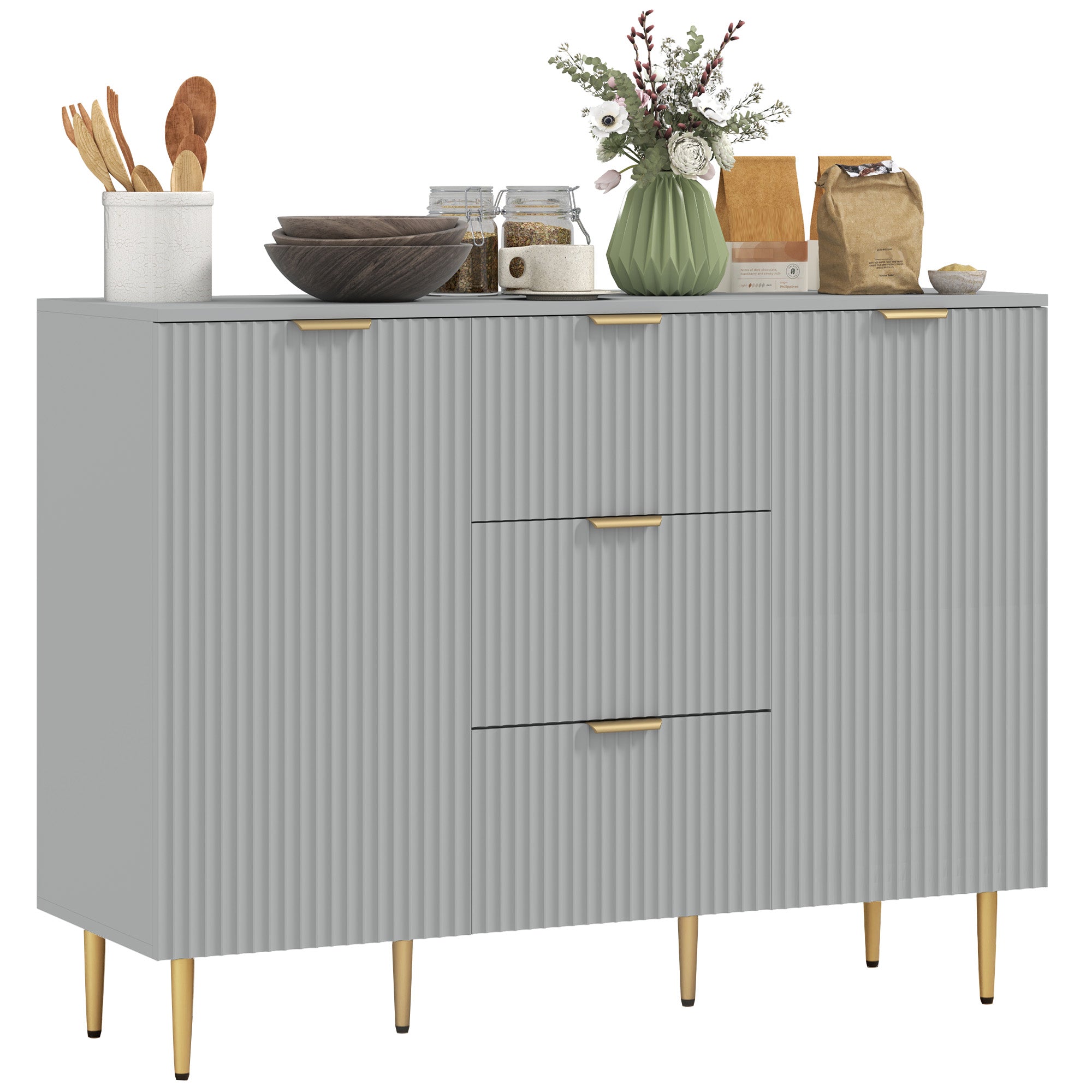 Modern Kitchen Storage Cabinet, Sideboard Buffet Cabinet w/ 3 Drawers and Adjustable Shelves for Kitchen Hallway, Grey Bar Cabinets   at Gallery Canada