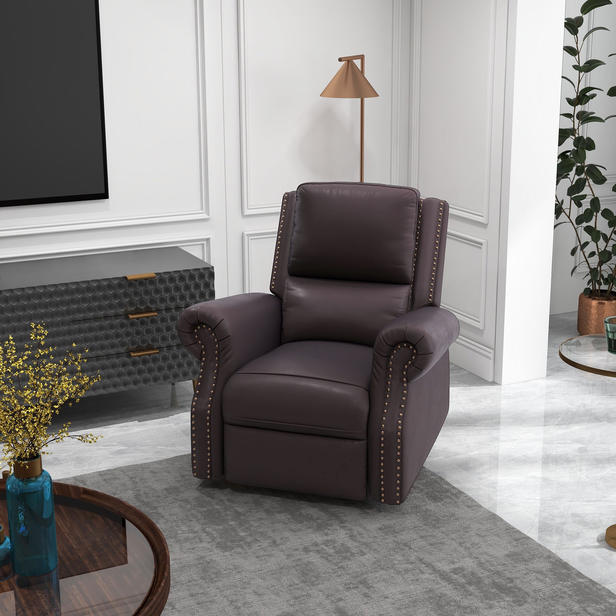 Swivel Recliner Chair, Reclining Sofa, PU Leather Rocker with Thick Padded Back and Seat for Living Room, Brown Single Sofas   at Gallery Canada