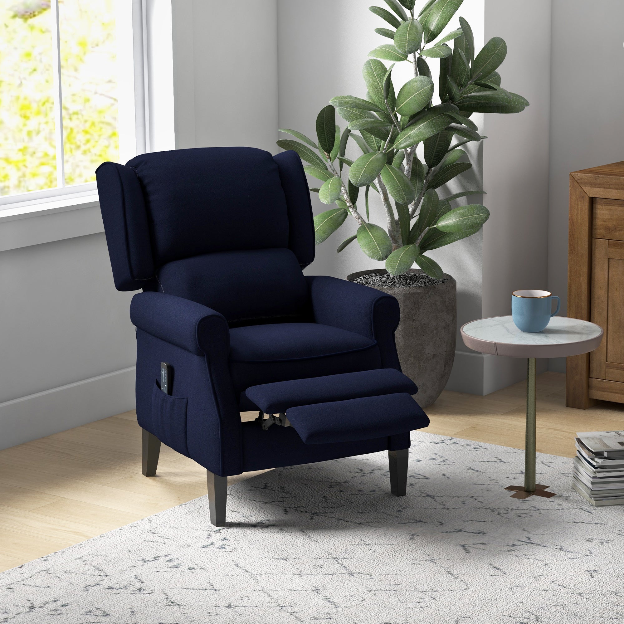 Push Back Recliner Chair, Vibration Massage Recliner for Living Room with Extendable Footrest, Remote, Pocket, Blue Single Sofas at Gallery Canada