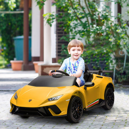 12V Lamborghini Huracan Licensed Kids Electric Car with Remote Control, Spring Suspension, Transport Wheels, Yellow Electric Toy Cars Yellow  at Gallery Canada