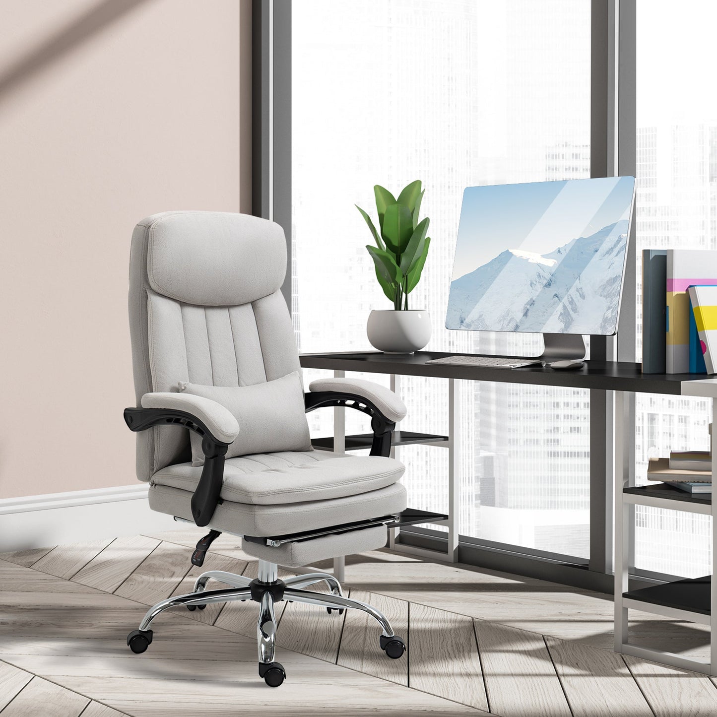 High Back Office Chair, Microfibre Computer Desk Chair with Lumbar Support Pillow, Foot Rest, Reclining Back, Arm, Light Grey Executive & Manager Chairs   at Gallery Canada