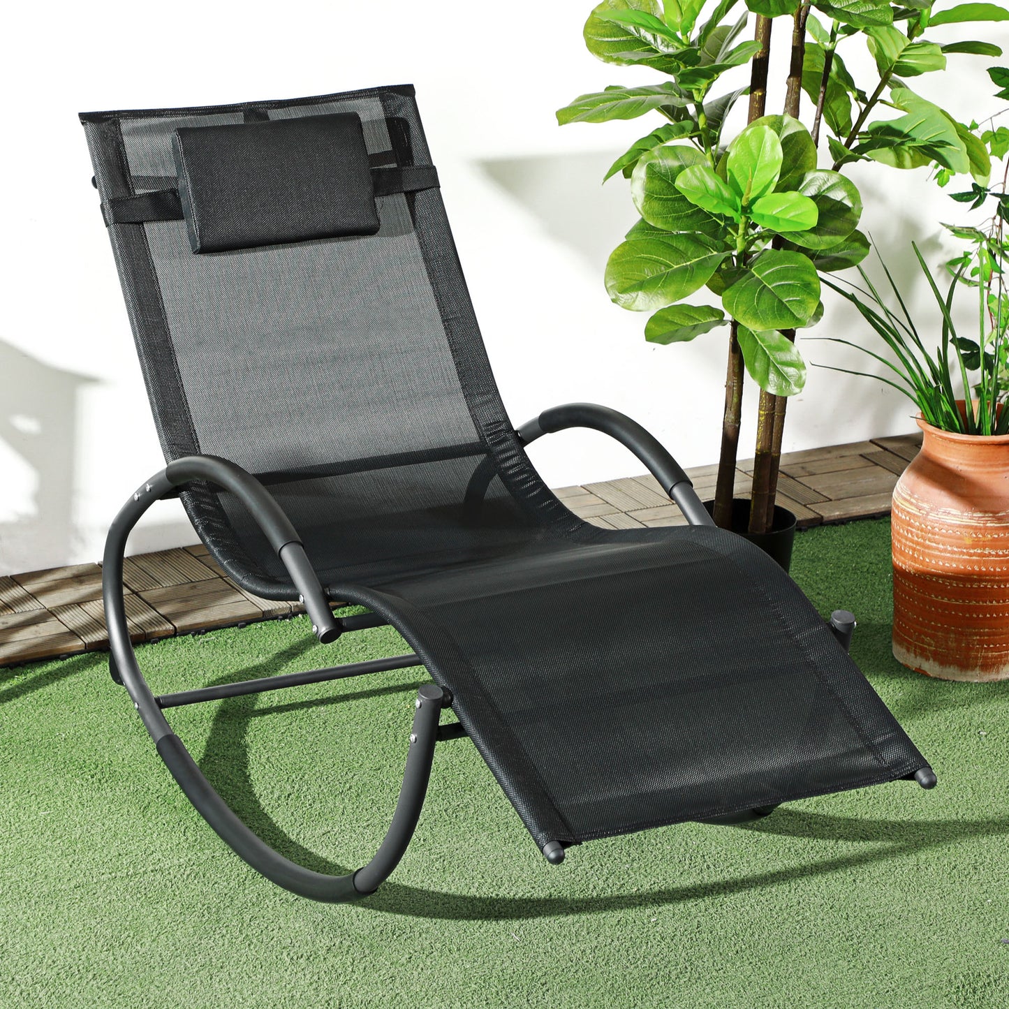 Outdoor Rocking Chair, Patio Zero Gravity Rocker with Mesh Seat and Padded Pillow for Indoor, Garden, Black Outdoor Rocking Chairs   at Gallery Canada