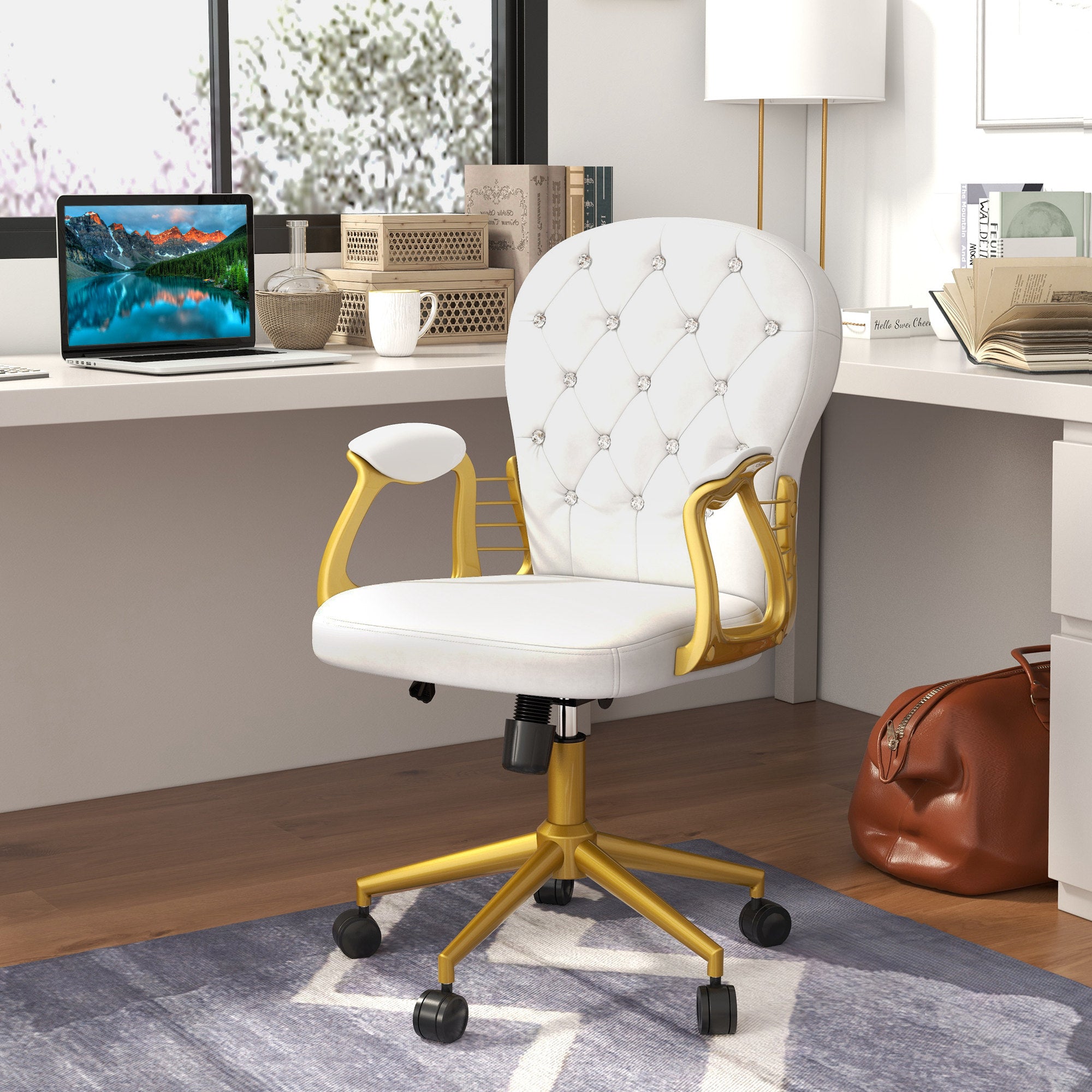 Velvet Office Desk Chair Button Tufted Vanity Chair with Swivel Wheels, Adjustable Height and Tilt Function, Cream White Task Chairs at Gallery Canada