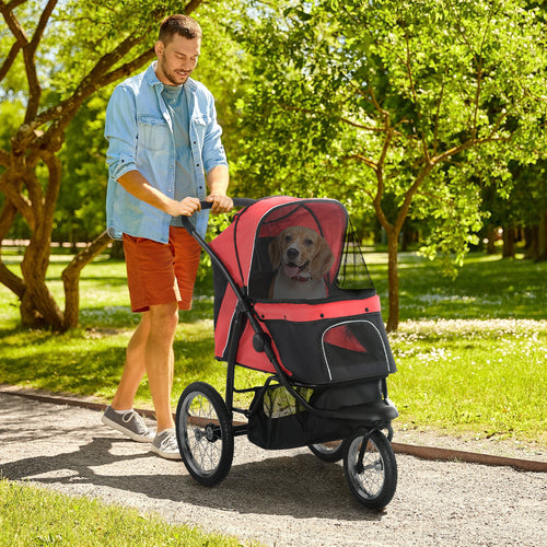 3 Big Wheels Pet Stroller for Small, Medium Dogs, Cat Stroller Travel Folding Carrier with Adjustable Canopy, Red