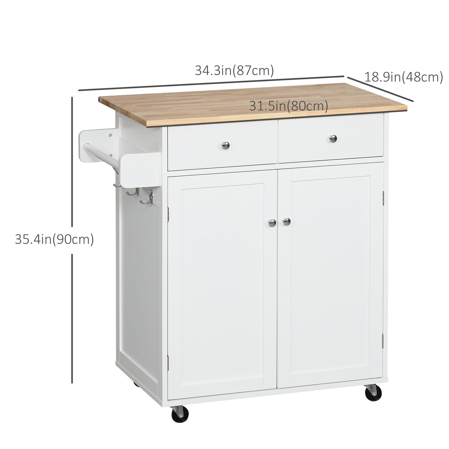 Rolling Kitchen Island with Storage, Kitchen Cart with Rubber Wood Top, Adjustable Shelf, Towel Rack, Hooks and Storage Drawers, White Kitchen Islands & Kitchen Carts   at Gallery Canada