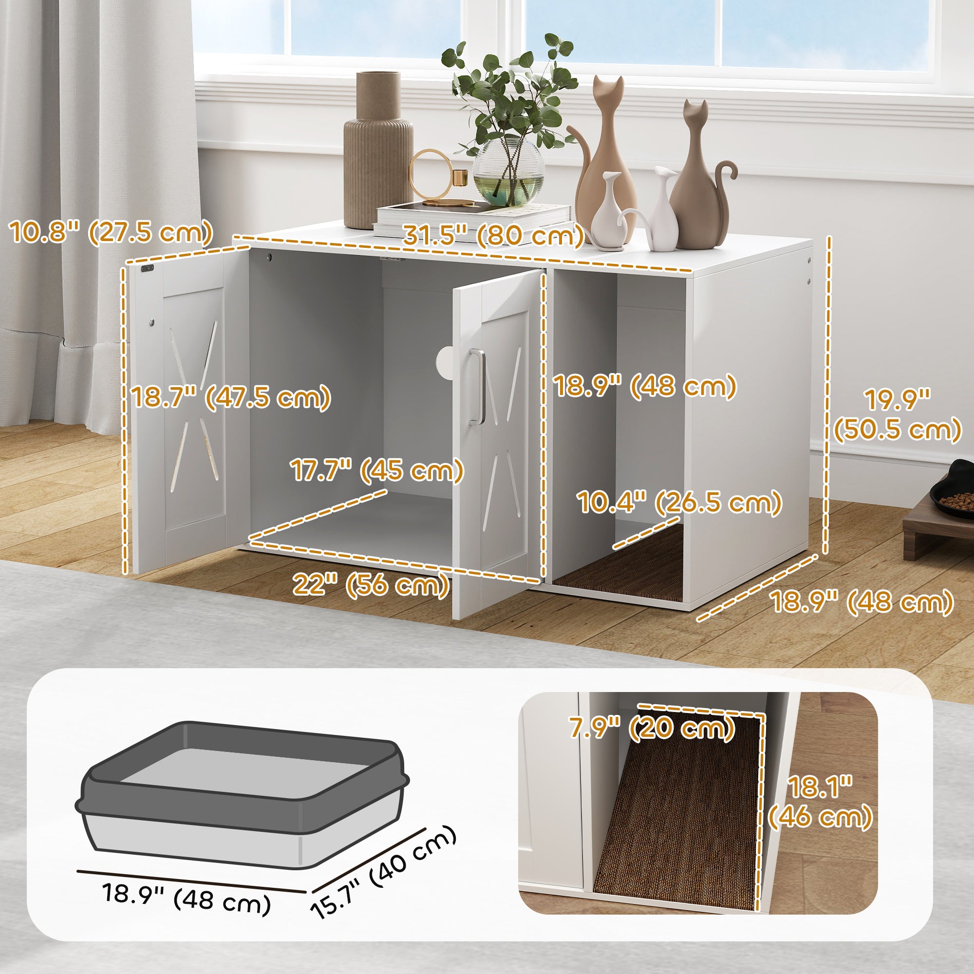 Cat Litter Box Enclosure, Hidden Cat Litter Box Furniture with Scratching Board, 31.5