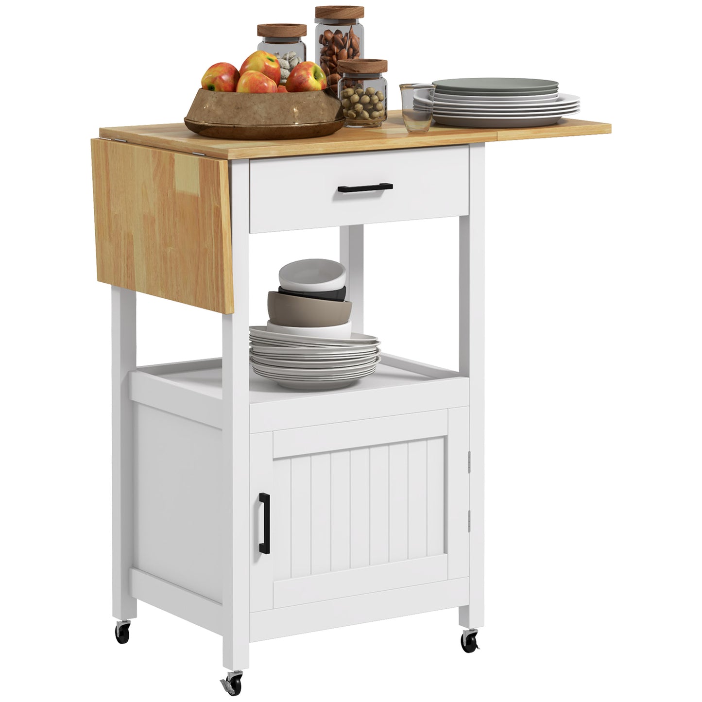 Foldable Kitchen Island with Storage Drawer, Wood Top Coffee Cart on Wheels, Kitchen Cart with Cabinet, White Kitchen Islands & Kitchen Carts   at Gallery Canada