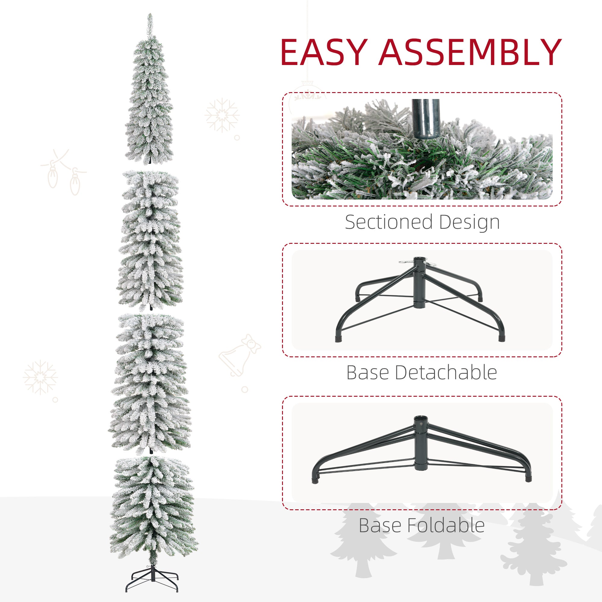 9ft Snow-Flocked Artificial Christmas Tree, Slim Pencil Xmas Tree with 714 Realistic Branches, Metal Base, Green Flocked Christmas Trees at Gallery Canada