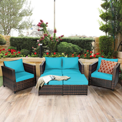 5 Pieces Patio Cushioned Rattan Furniture Set, Turquoise - Gallery Canada