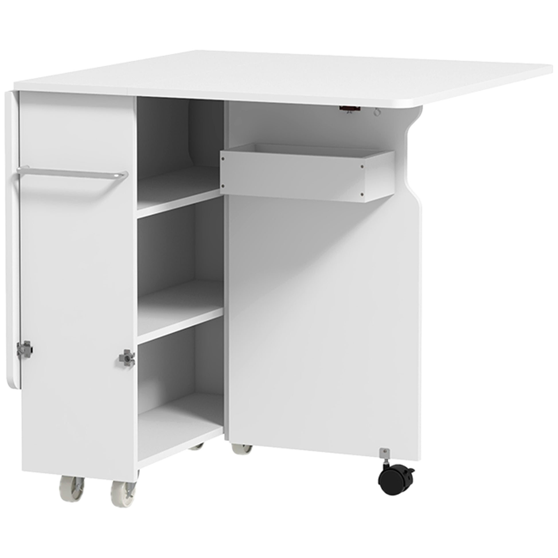 Folding Dining Table with Storage, Drop Leaf Kitchen Table on Wheels with Box, Shelves and Towel Racks, White Bar Tables & Dining Tables   at Gallery Canada