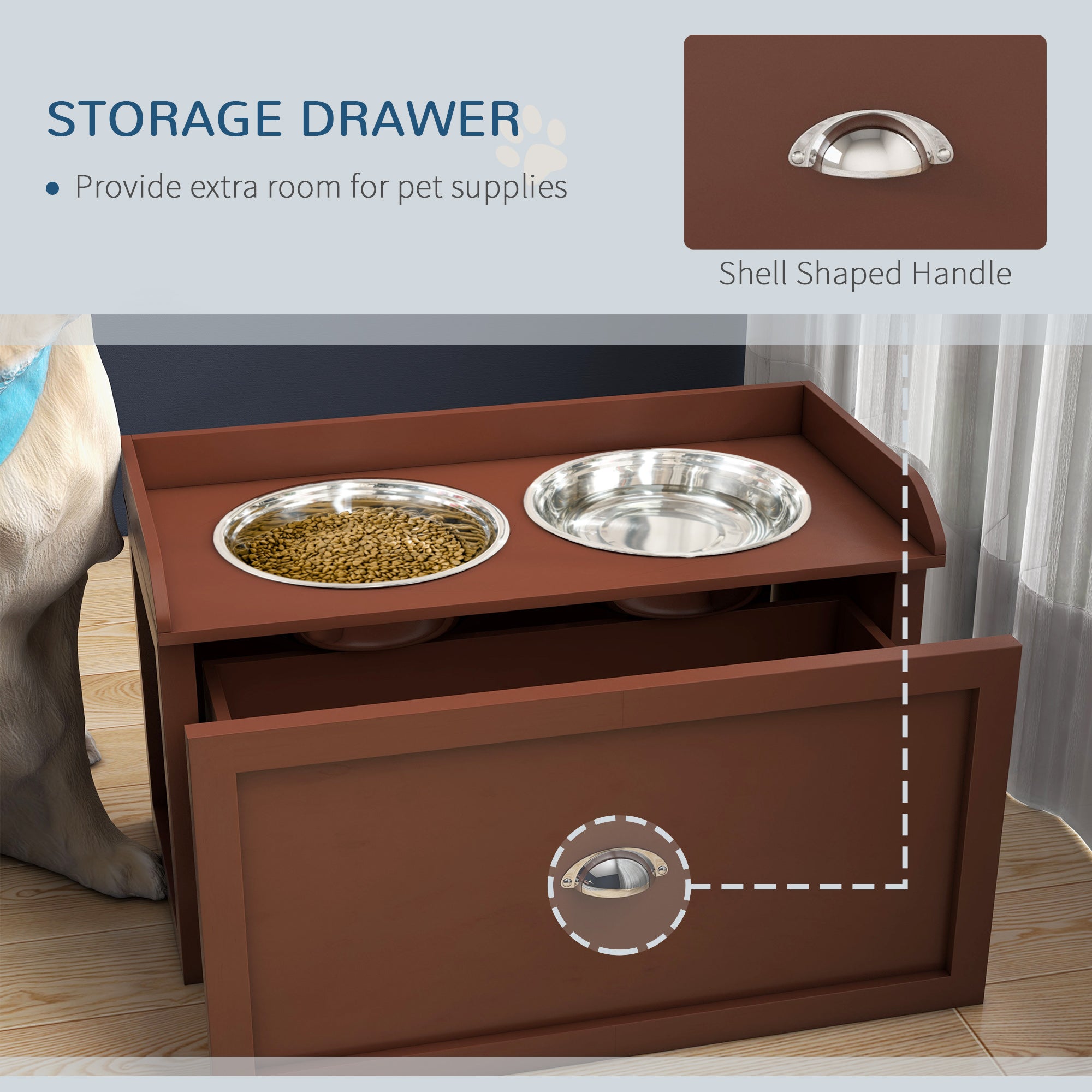 Elevated Dog Bowls Raised Pet Feeding Station with Storage 2 Stainless Steel Bowls, 23.6
