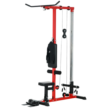 Lat Pull Down Machine, High / Low Pulley Machine with Adjustable Seat and Flip-Up Footplate, Red Power Towers   at Gallery Canada