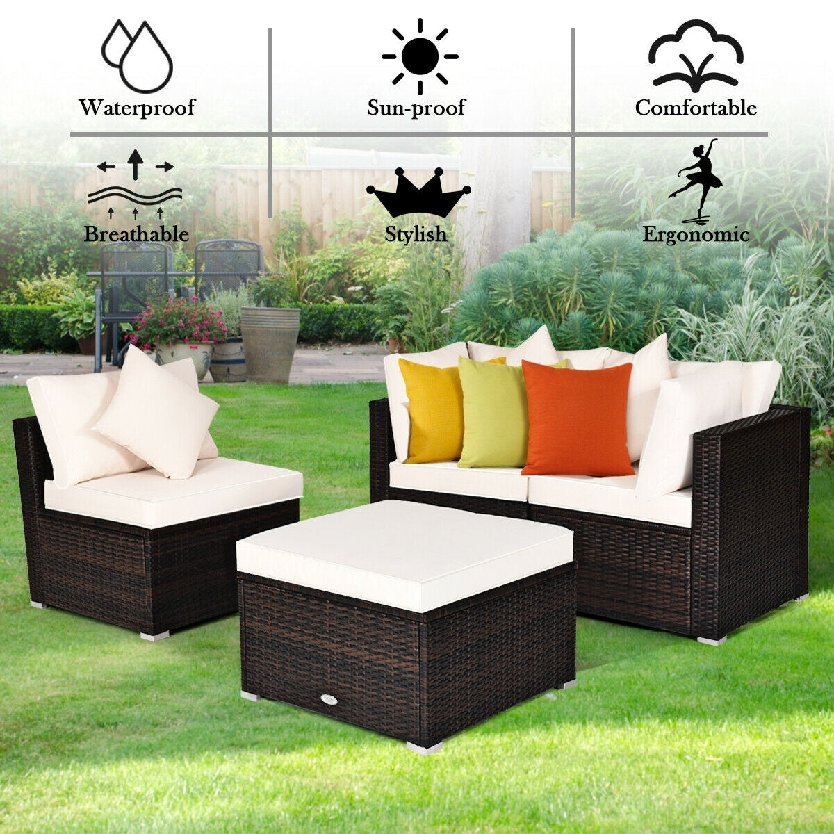 4 Pcs Ottoman Garden Deck Patio Rattan Wicker Furniture Set Cushioned Sofa, White Outdoor Sectionals   at Gallery Canada