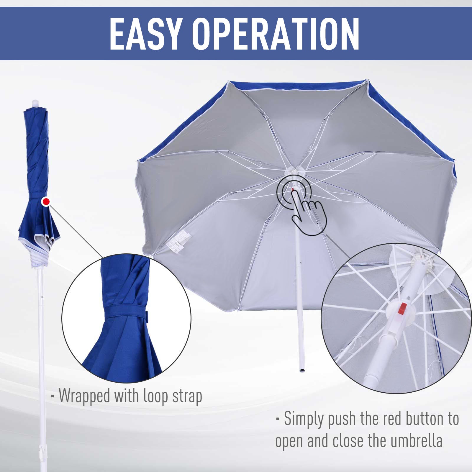 6.7ft Beach Umbrella with Push Button Tilt, Ruffled Outdoor Umbrella with Carry Bag and 8 Ribs, Blue Beach Umbrellas at Gallery Canada