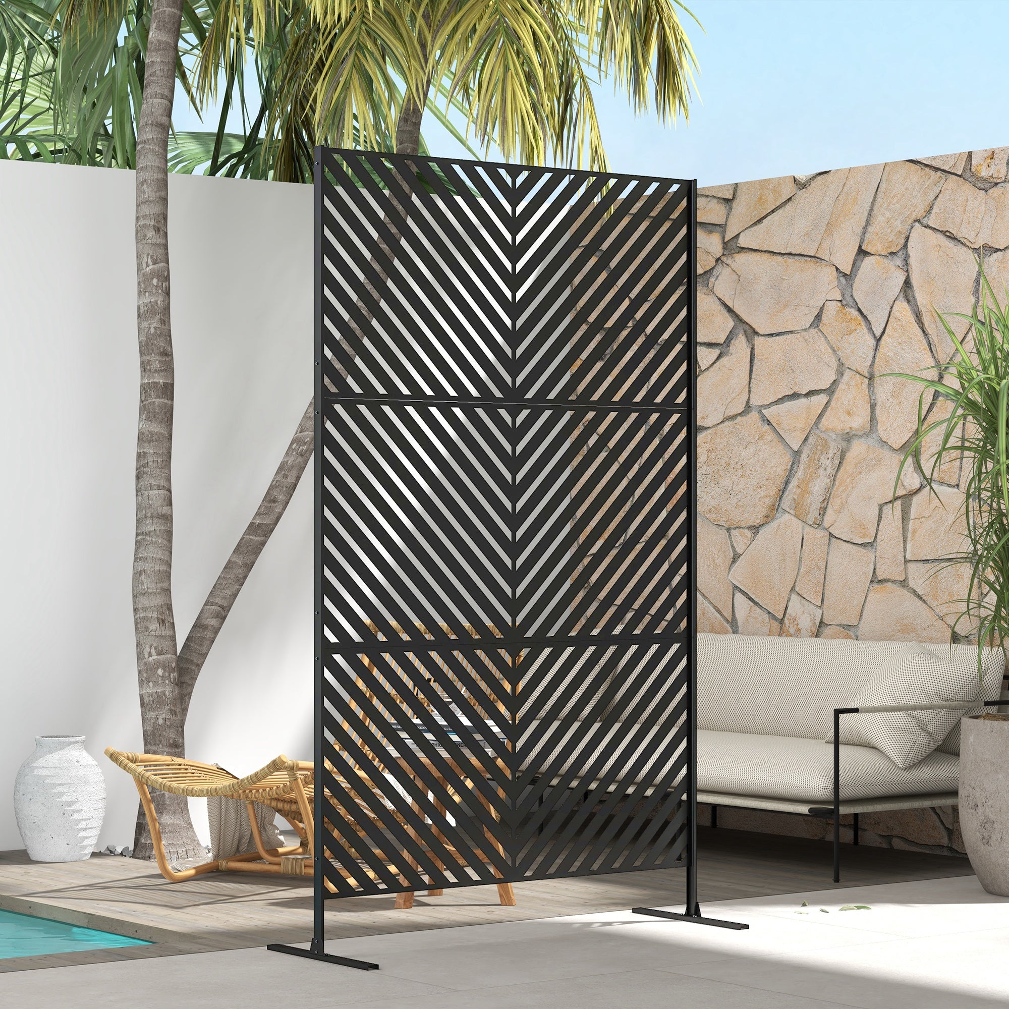 6.5FT Decorative Outdoor Divider, Metal Privacy Screen with Stand, Triangle Style, Black Side Awnings at Gallery Canada