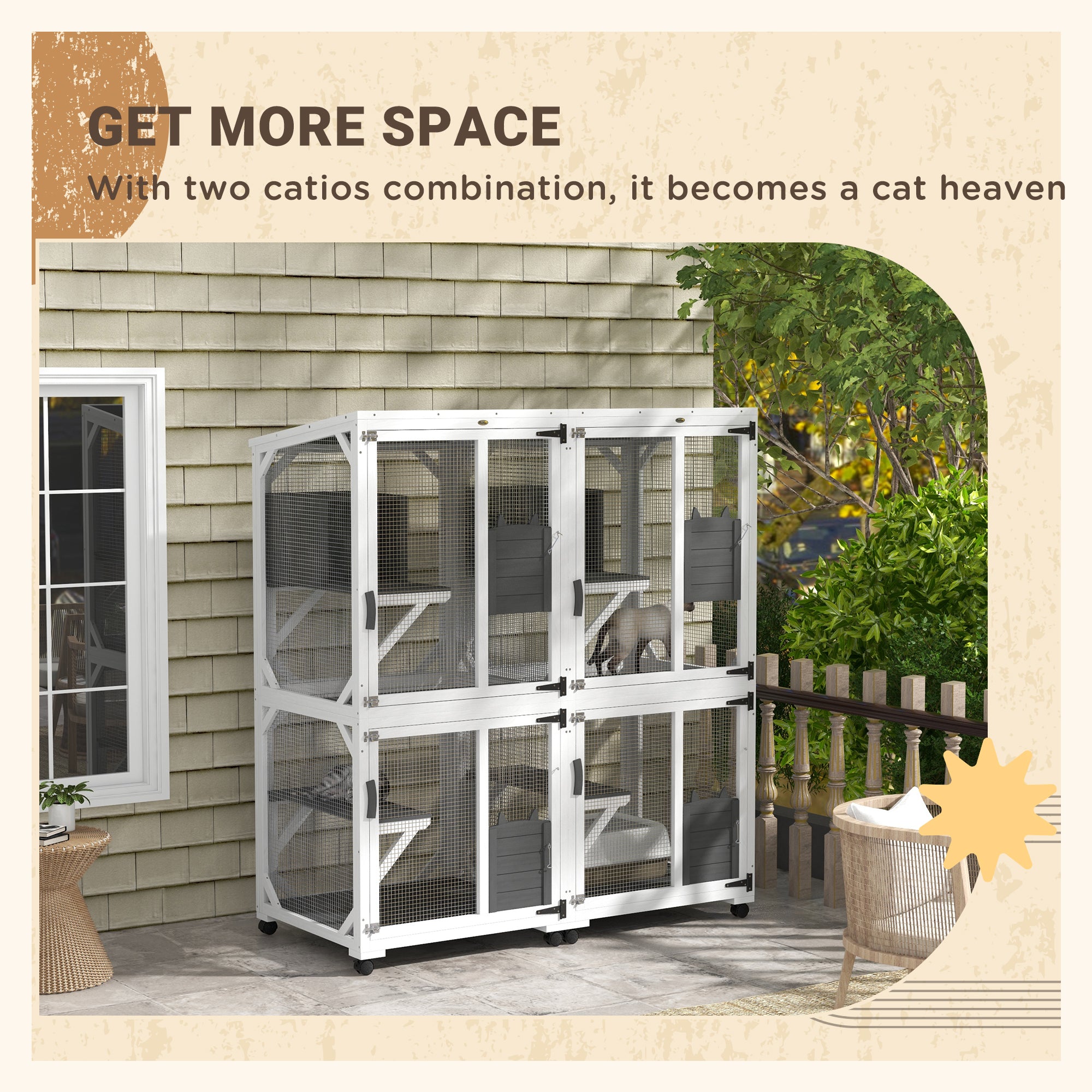 Catio Outdoor, Elevated Design, with Wheels, Resting Box, Water-Resistant, Multi Platforms, White &; Grey Outdoor Cat Enclosures at Gallery Canada