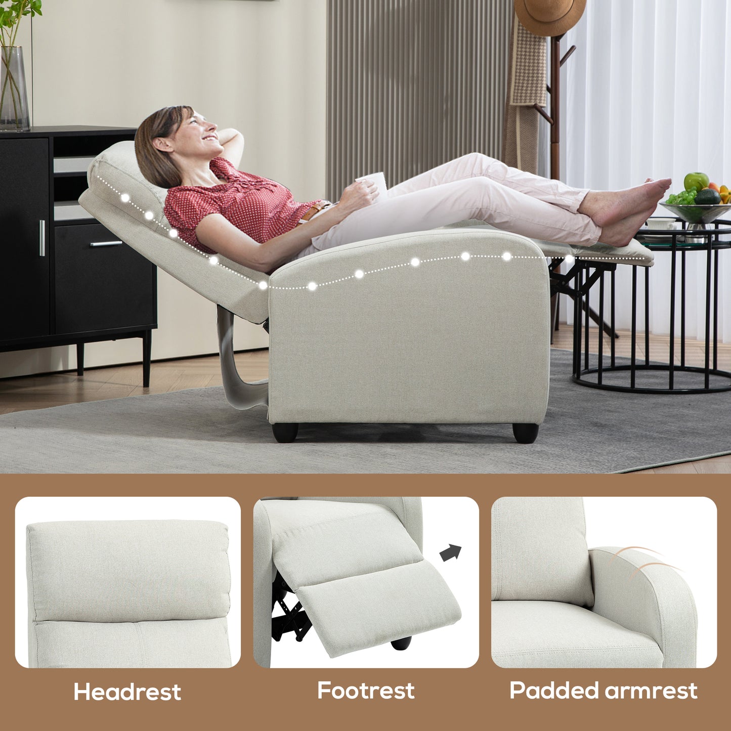 Fabric Recliner Chair Manual Home Theater Seating Single Reclining Sofa Chair with Padded Seat for Living Room, Cream White Single Sofas   at Gallery Canada