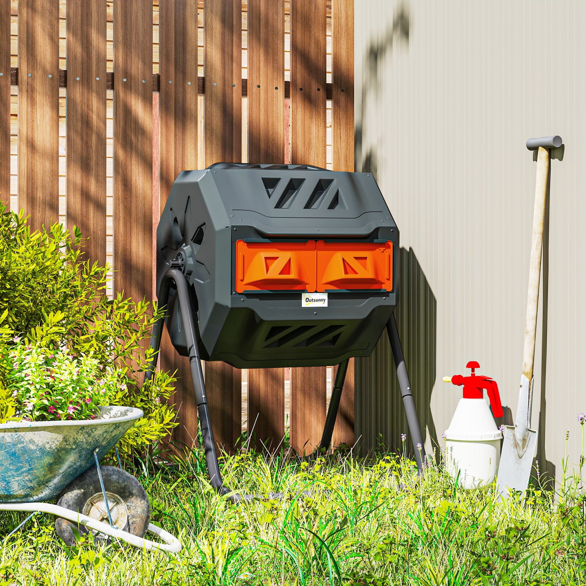 Tumbling Compost Bin Outdoor Dual Chamber 360° Rotating Composter 43 Gallon with Sliding Doors, Orange Garden Accessories at Gallery Canada