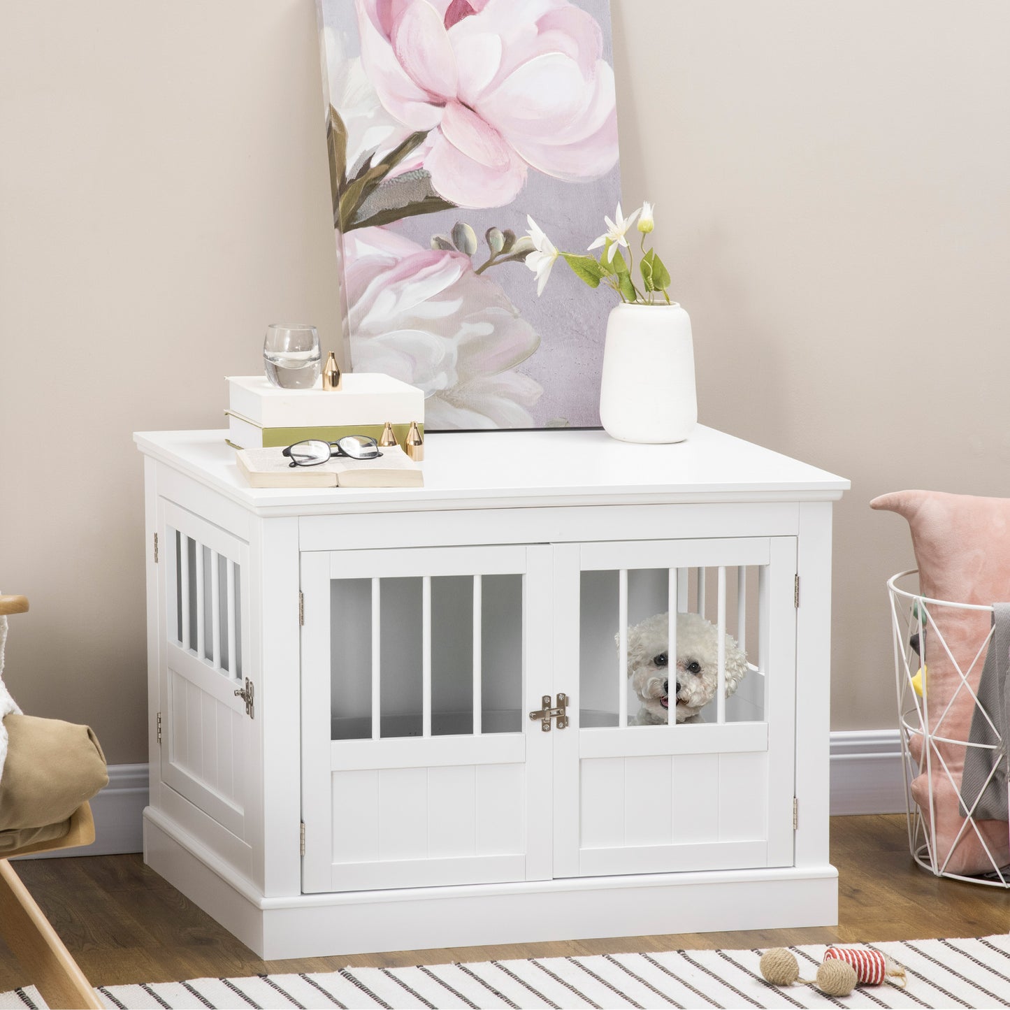 31" Dog Crate Furniture End Table with Three Doors for Small Dogs, White Houses, Kennels & Pens   at Gallery Canada