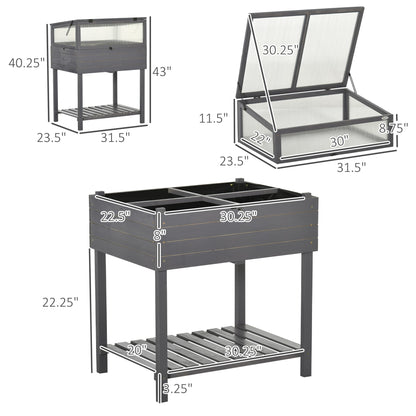 2-Tier Raised Garden Bed with Cold Frame, Grow Grids, Shelf for Herbs, Grey Cold Frame Greenhouses   at Gallery Canada